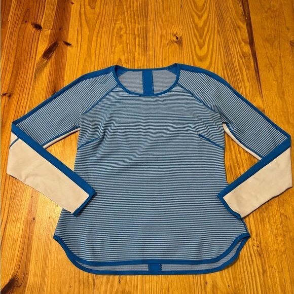 LULULEMON Runder Under Long Sleeve Mini Check Pique Reversible Shirt Blue Cream - Picture 5 of 11